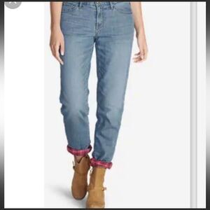 WOMEN’S EDDIE BAUER NATURAL FIT PURPLE PLAID FLANNEL LINED JEANS SIZE 14